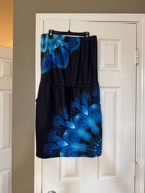Black Strapless Dress with Blue Floral Print